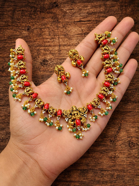 Pavalam with pearl hanging Lakshmi set with earrings