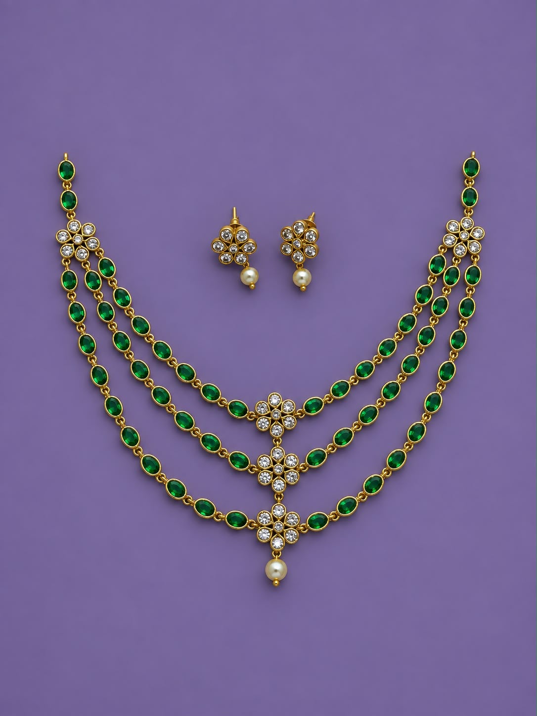 Three layer Kundan necklace with stud
