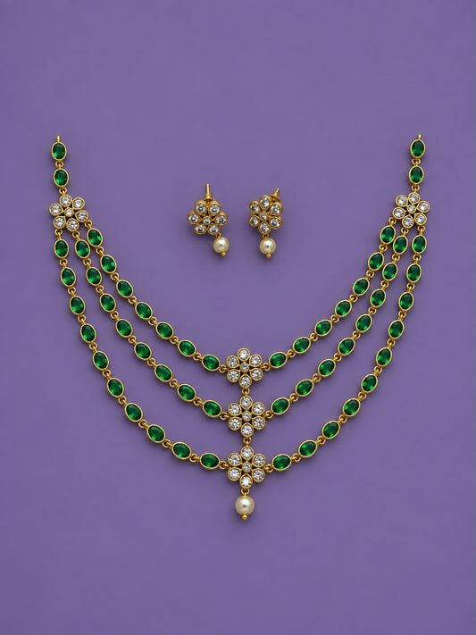 Three layer Kundan necklace with stud