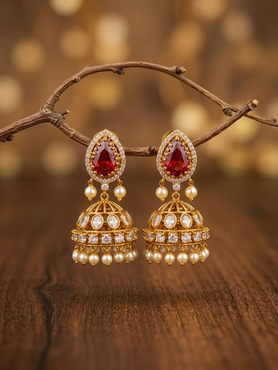 Polki diamond stone jumka with pearl hanging