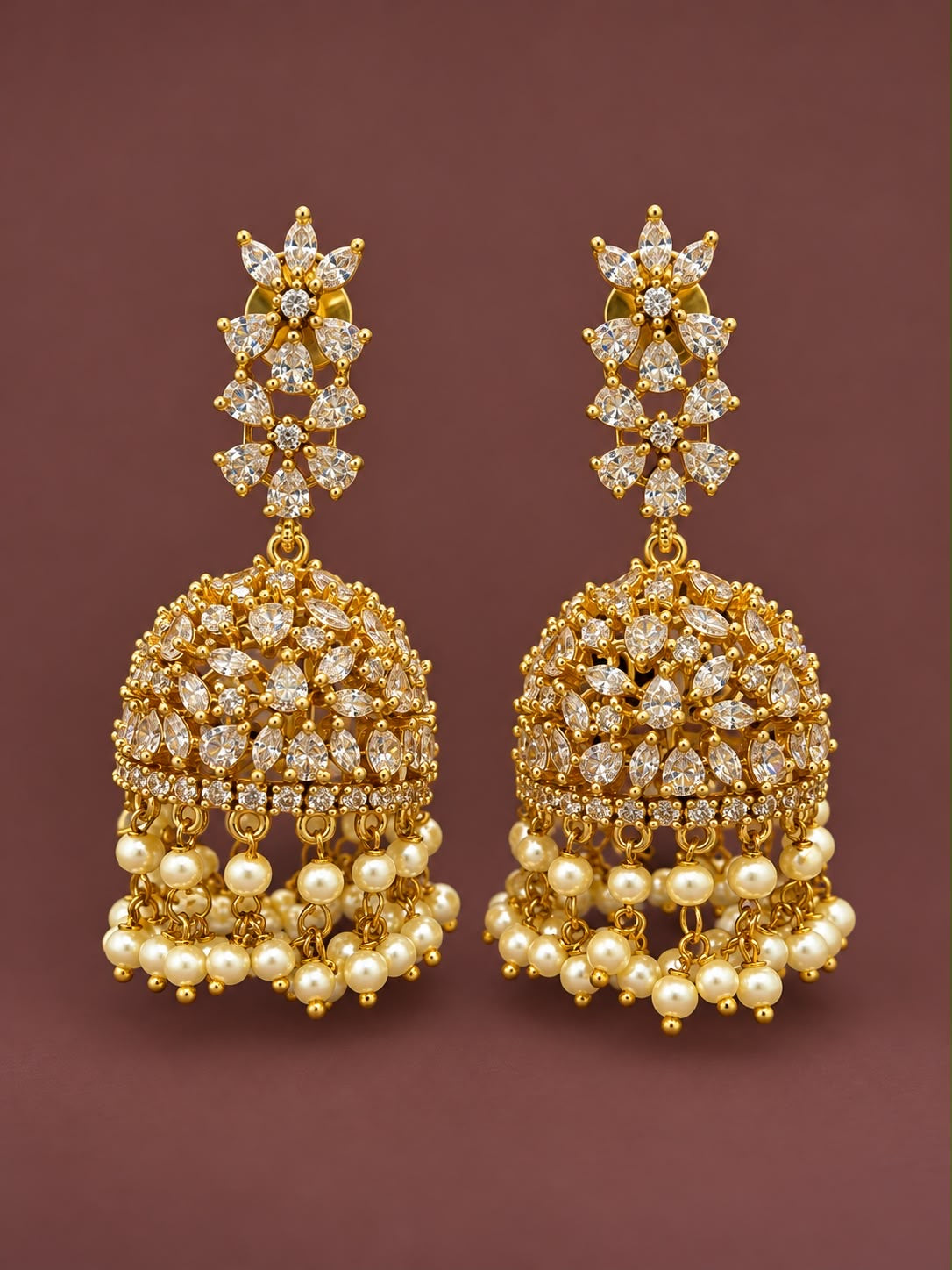 White stone jumka with pearl hanging
