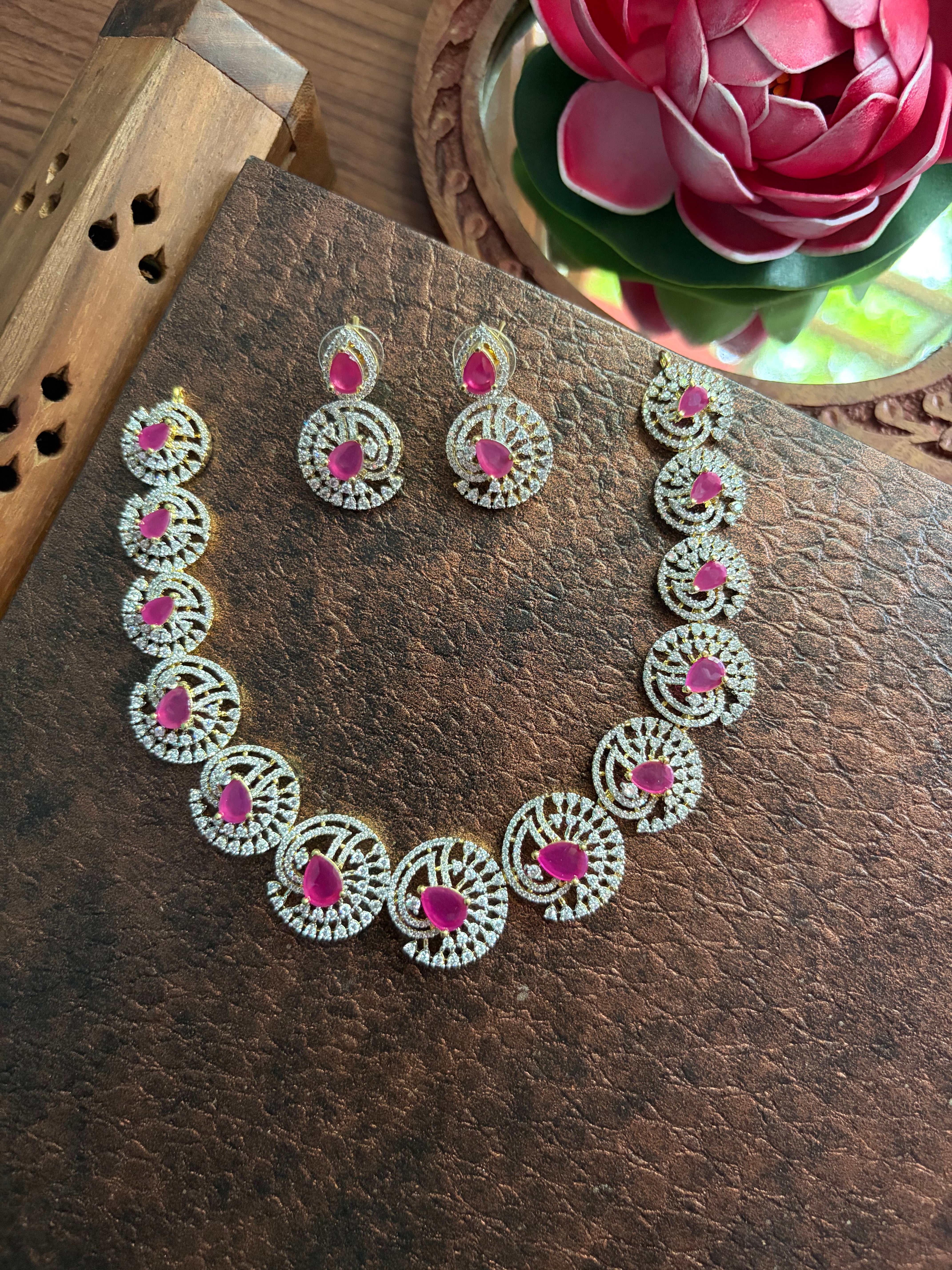 American diamond necklace ruby stone with earrings