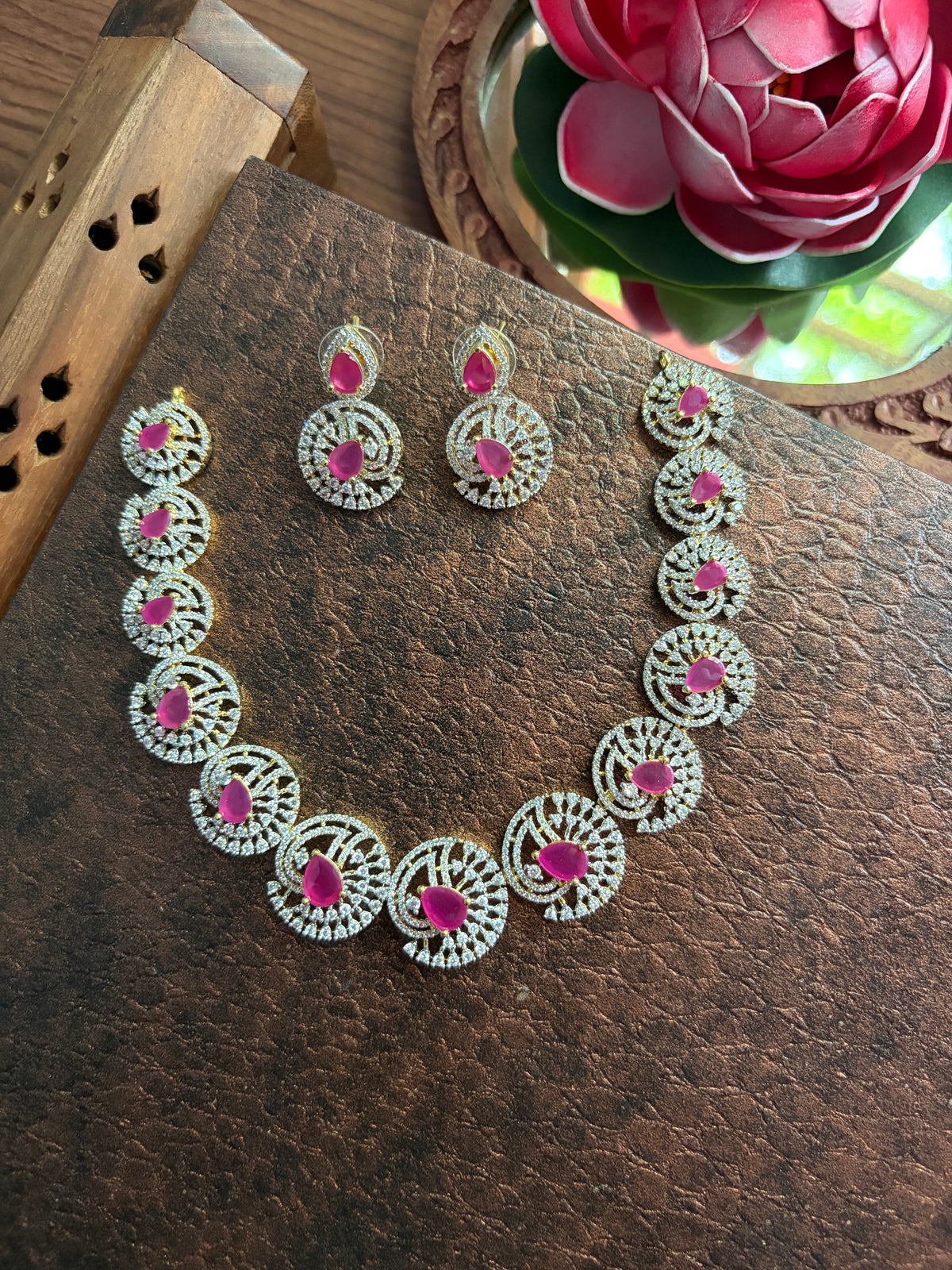 American diamond necklace ruby stone with earrings