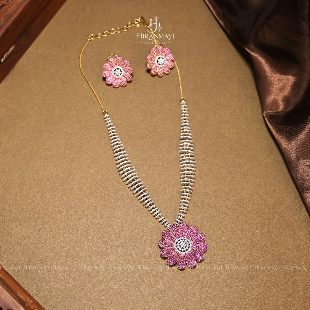 Floral pattern American diamond stone studded necklace