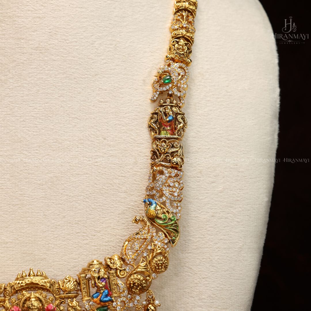 Hand painted Lakshmi and peacock motif long haram