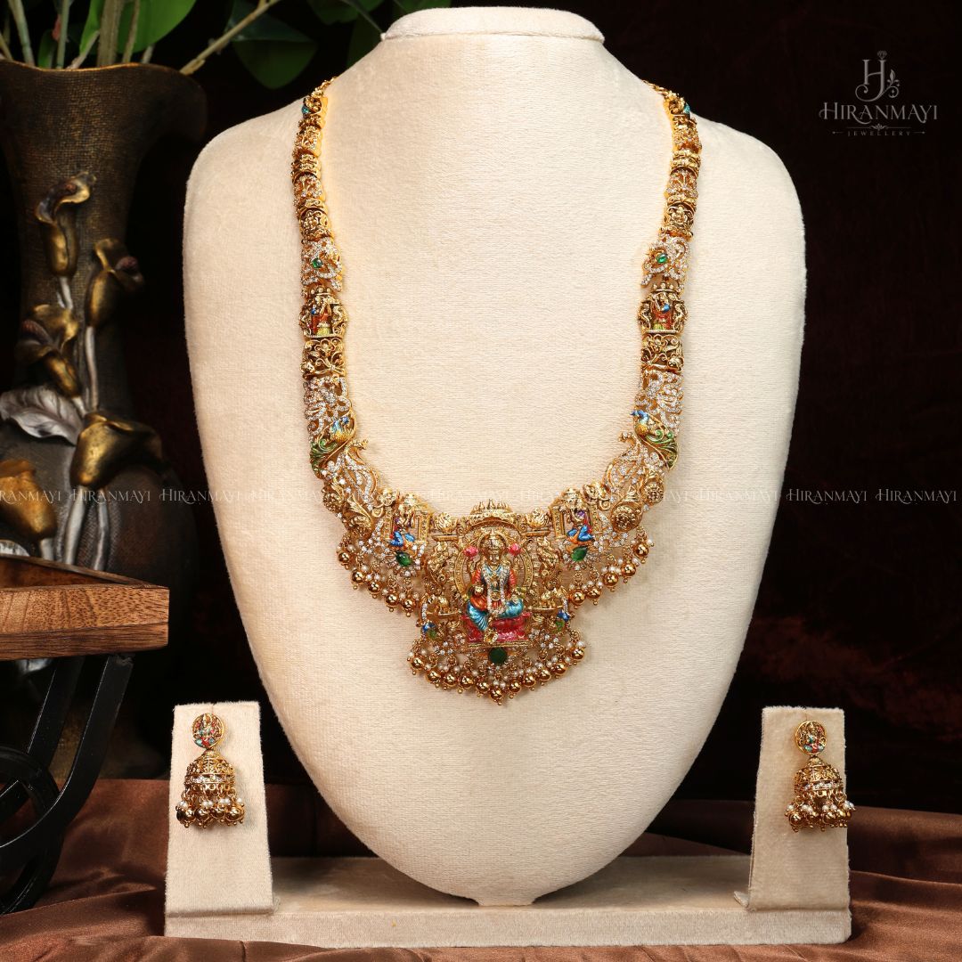 Hand painted Lakshmi and peacock motif long haram