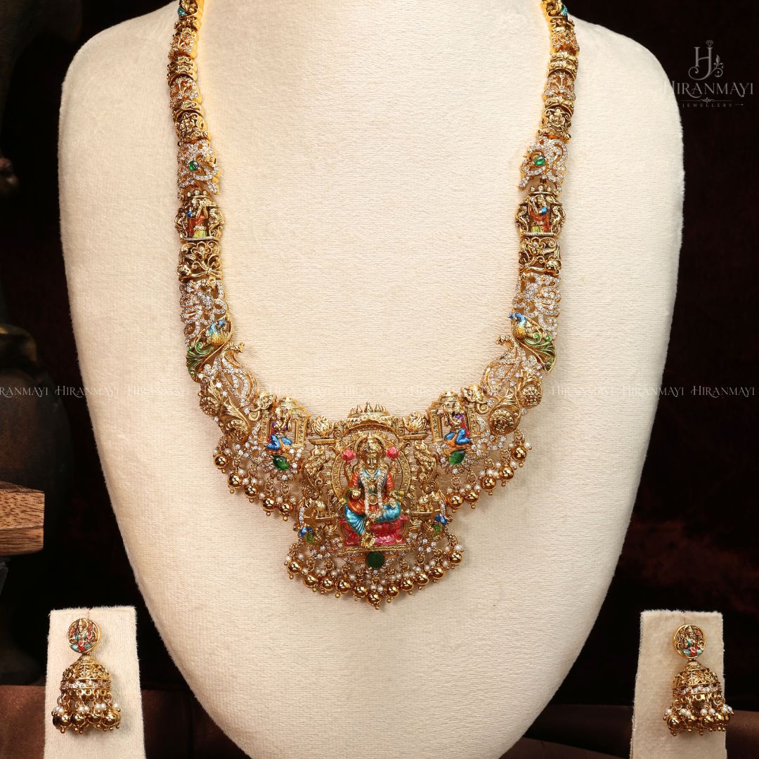 Hand painted Lakshmi and peacock motif long haram