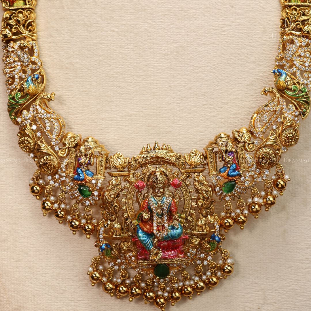 Hand painted Lakshmi and peacock motif long haram