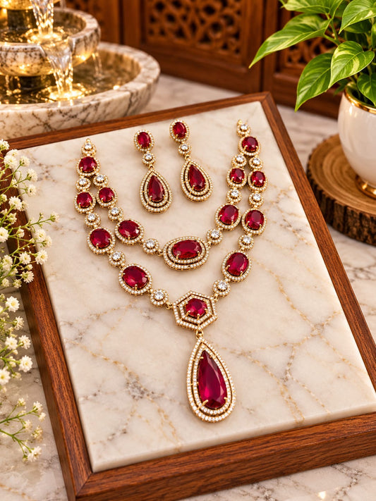Two layers bold stone necklace with earrings