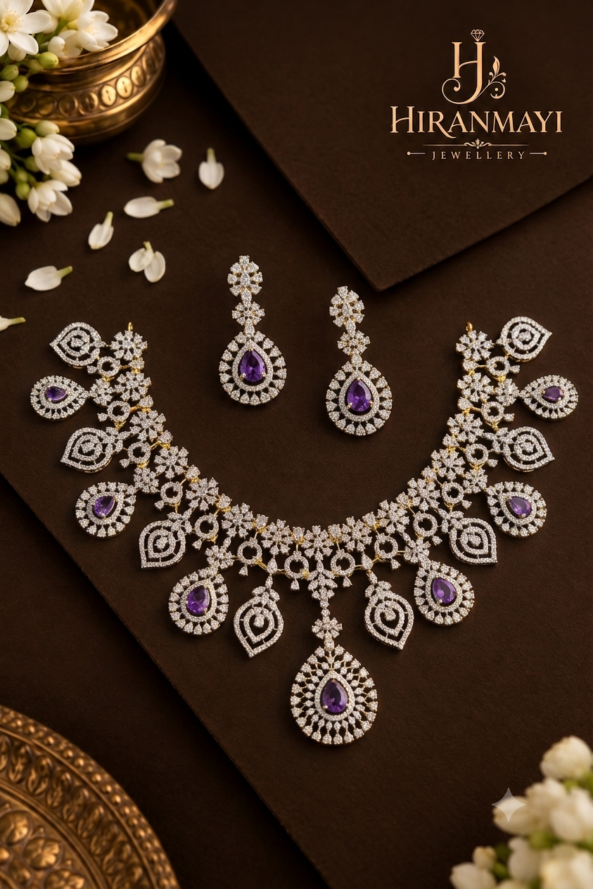 American diamond necklace with earrings- purple