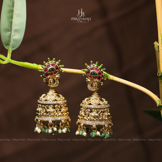 Antique Lakshmi motif with kemp stone jumka