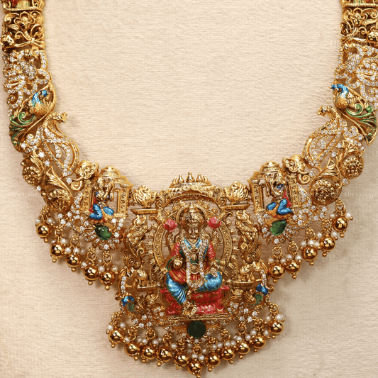 Hand painted Lakshmi and peacock motif long haram