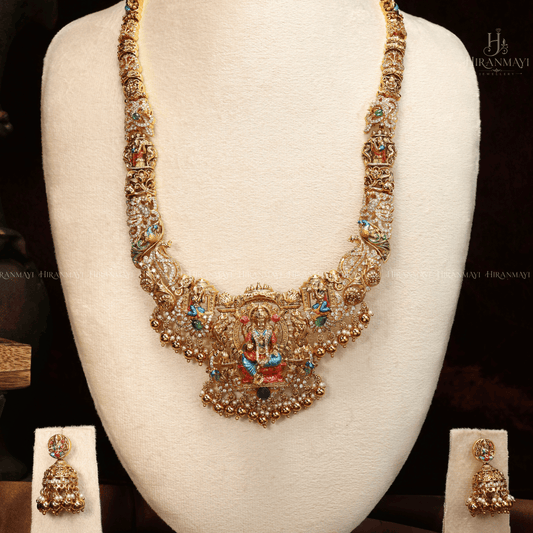 Hand painted Lakshmi and peacock motif long haram