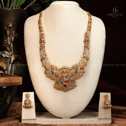 Hand painted Lakshmi and peacock motif long haram