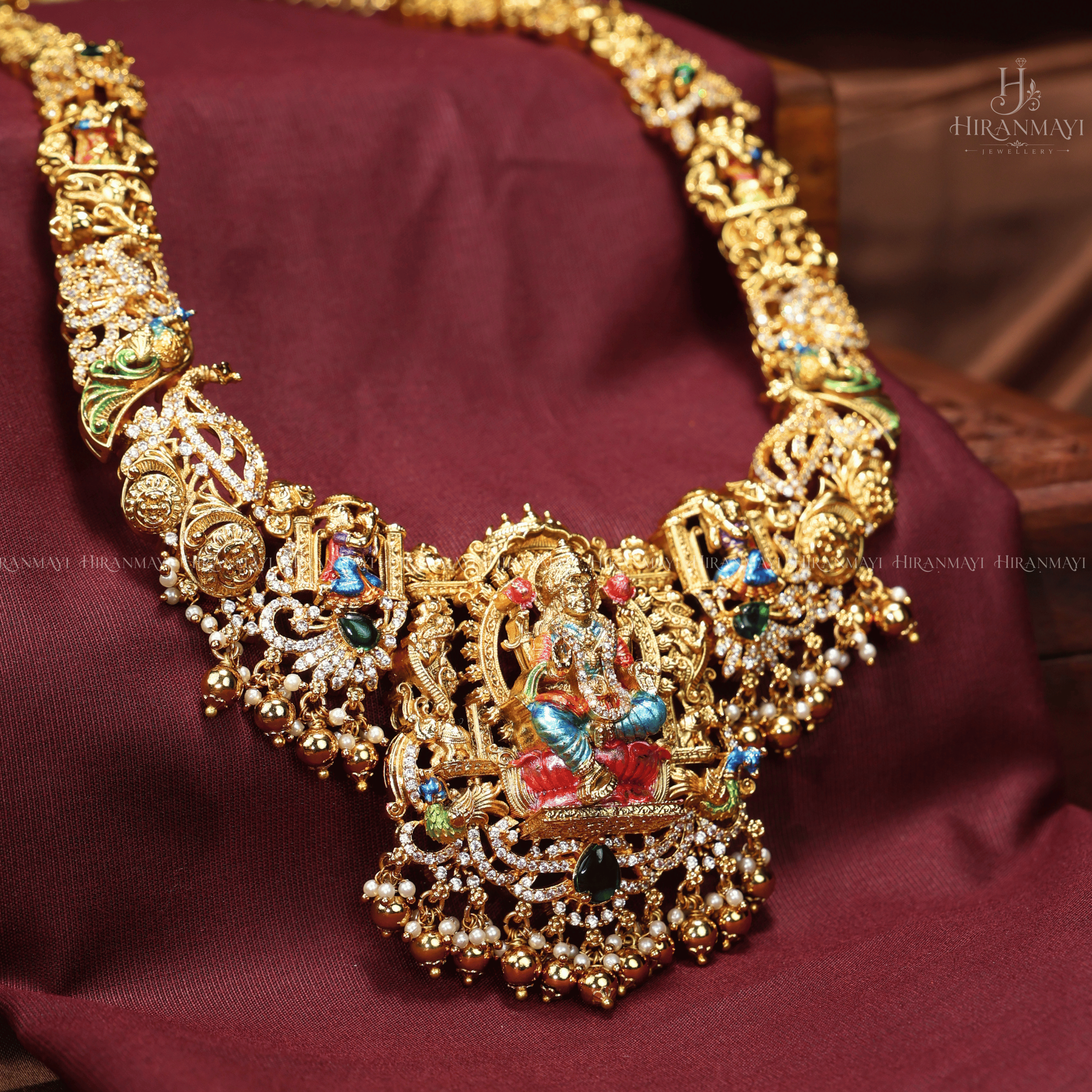 Beautifully hand painted Lakshmi and peacock motif long haram