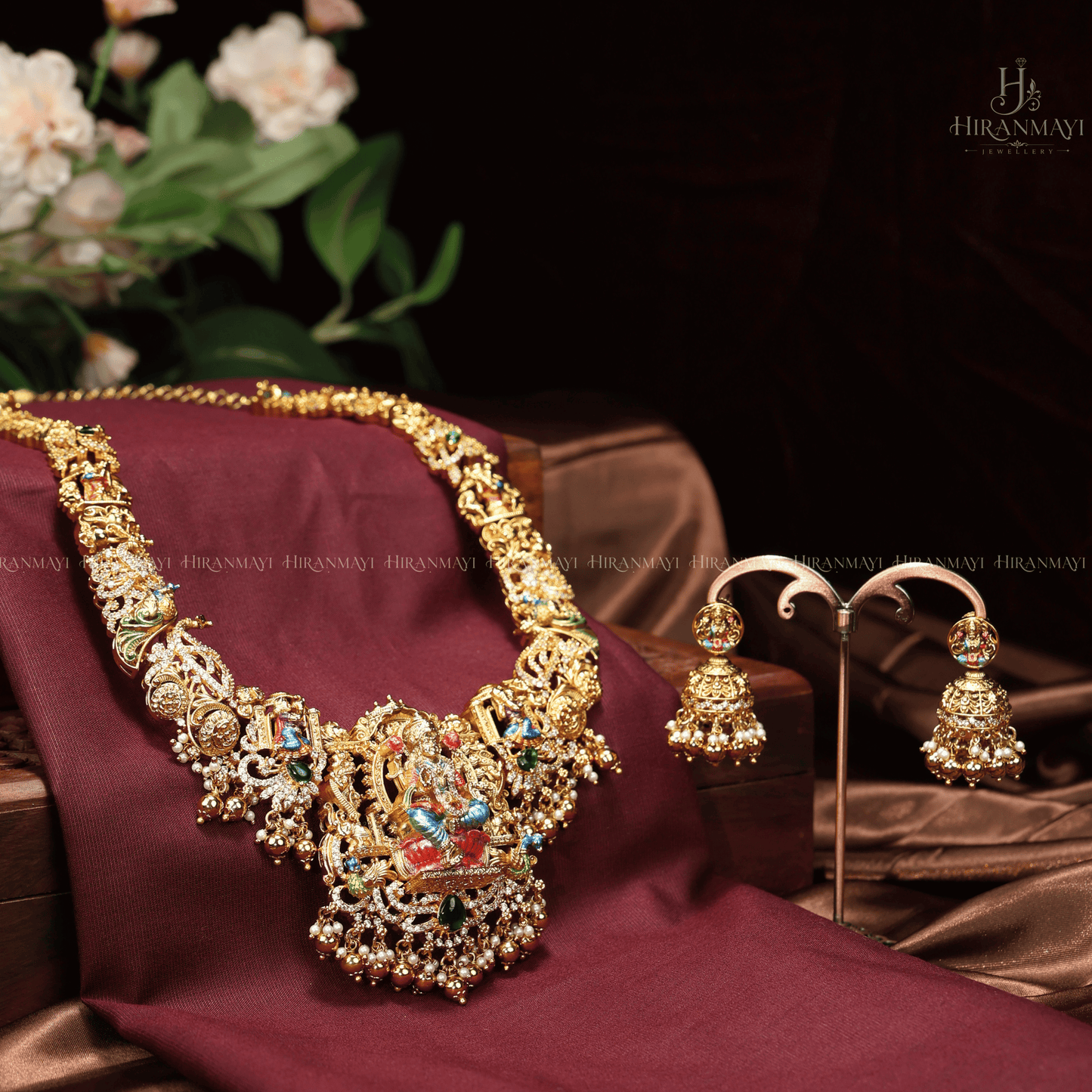 Beautifully hand painted Lakshmi and peacock motif long haram