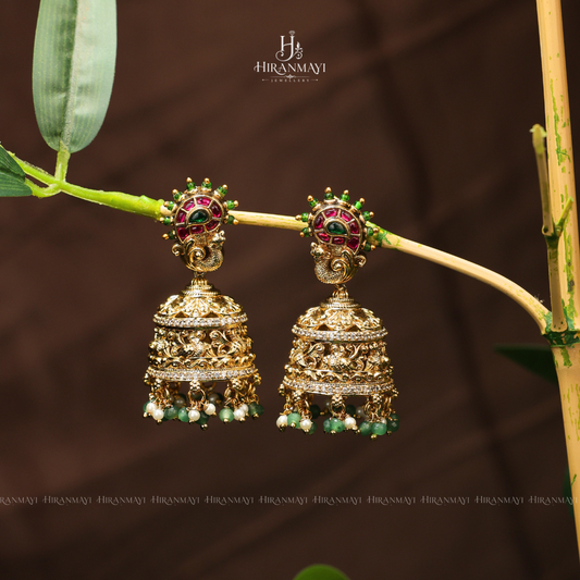 Antique Lakshmi motif with kemp stone jumka