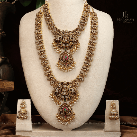 Antique Lakshmi with beautiful peacock motif semi bridal set