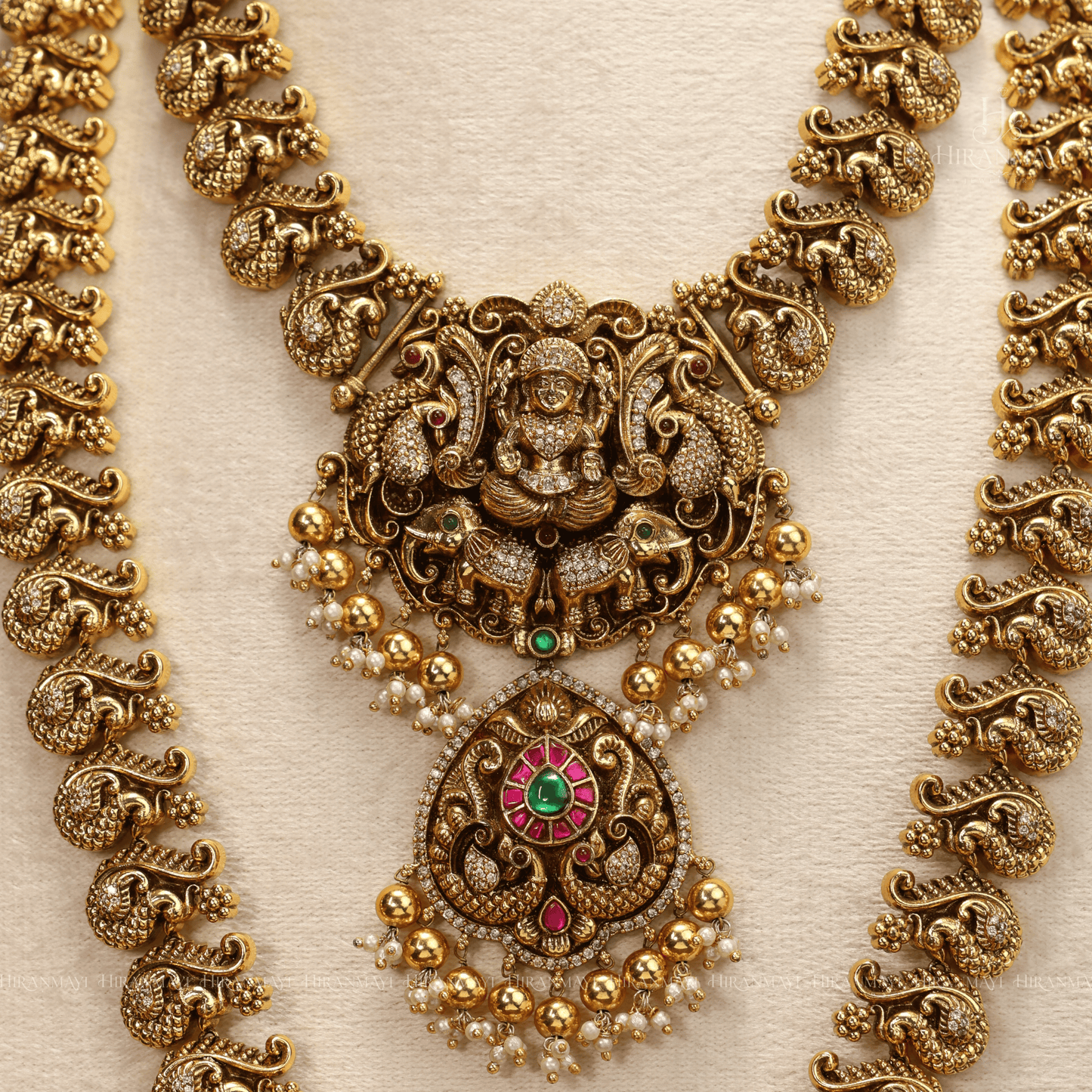 Antique Lakshmi with beautiful peacock motif semi bridal set