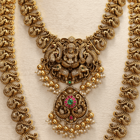 Antique Lakshmi with beautiful peacock motif semi bridal set