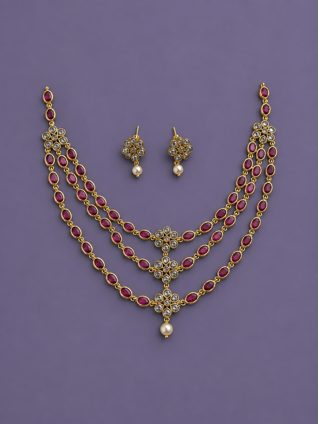 Three layer Kundan necklace with stud