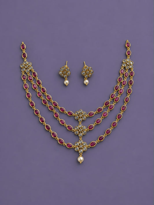 Three layer Kundan necklace with stud