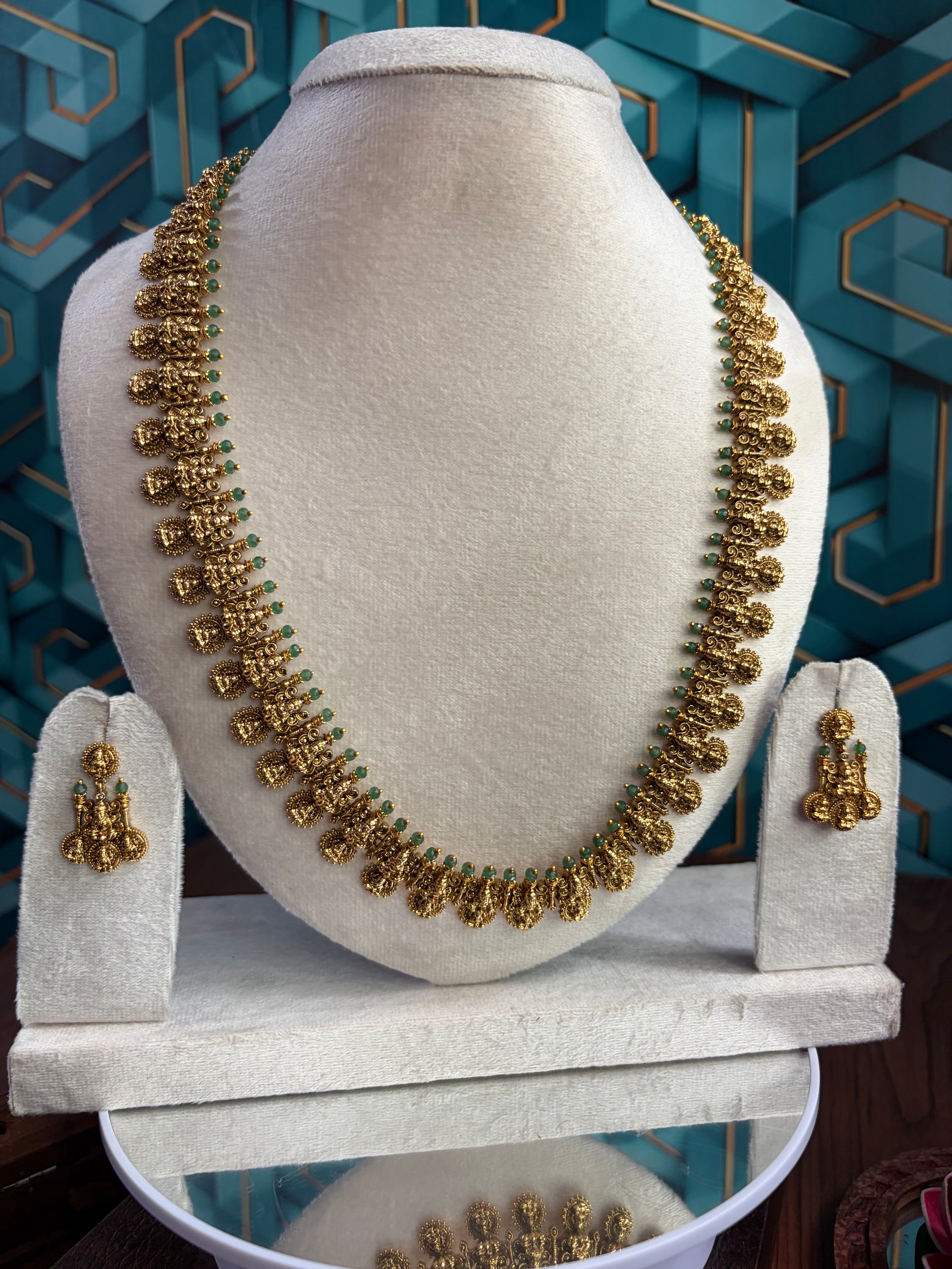 Antique Lakshmi with green beads with earrings