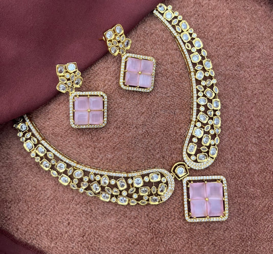 Mozonite stone uncut diamond pattern necklace with earrings