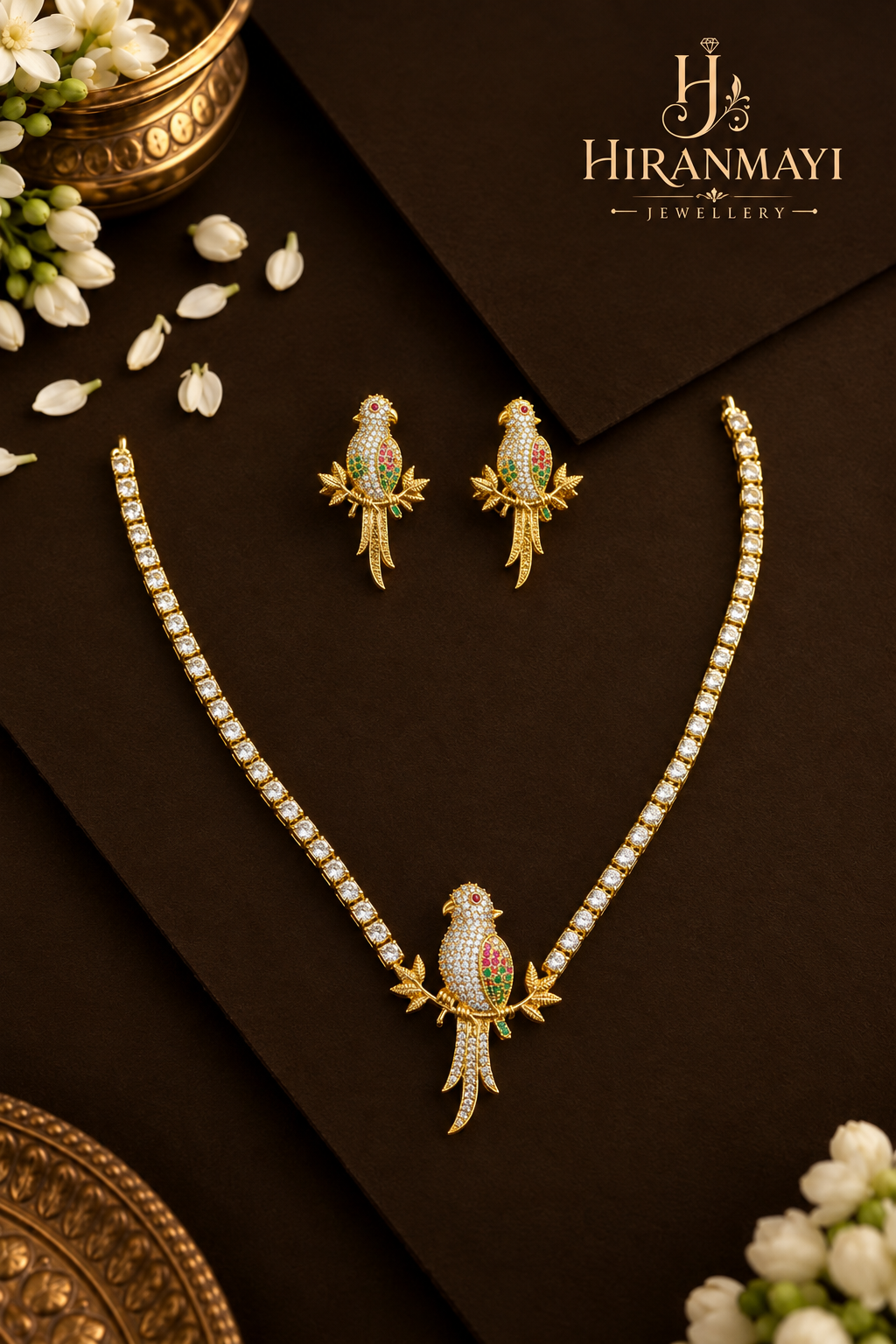 Parrot motif stone necklace with earrings