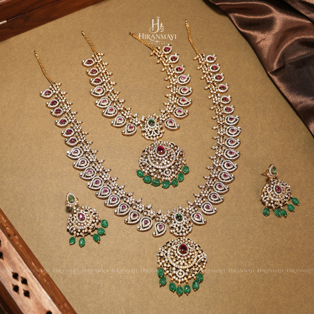 American diamond with ruby and emerald stone necklace and haram