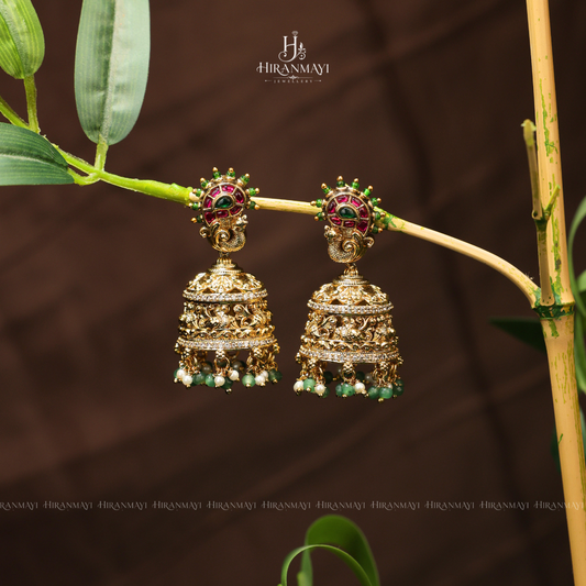 Antique Lakshmi motif with kemp stone jumka