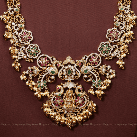 Beautiful Workmanship Crafted Lakshmi With Peacock Detailing Long Haram