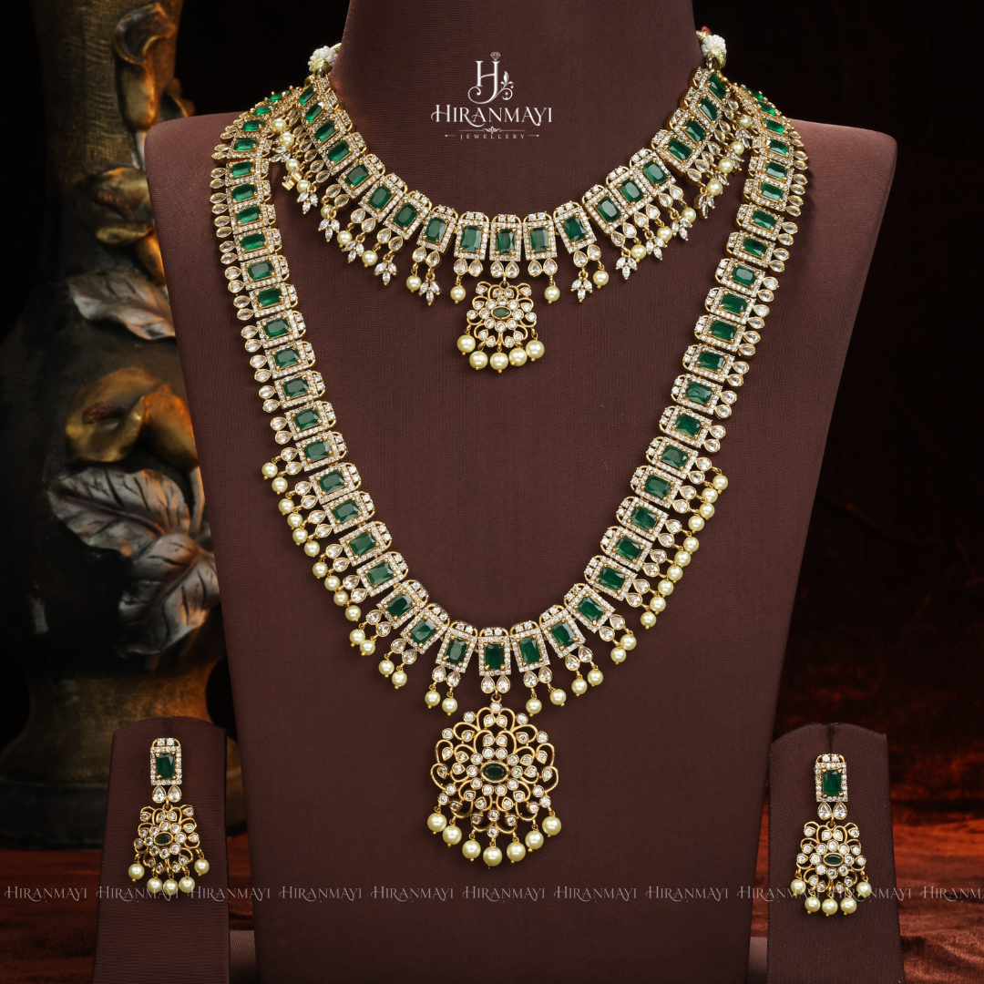Emerald stone long haram and necklace