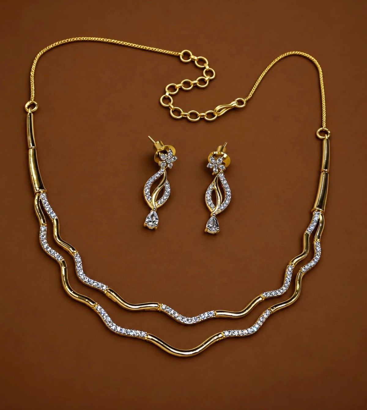 Sea wave design two layer necklace with earrings