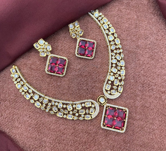 Mozonite stone uncut diamond pattern necklace with earrings