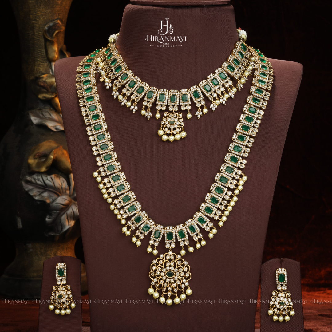 Emerald stone long haram and necklace