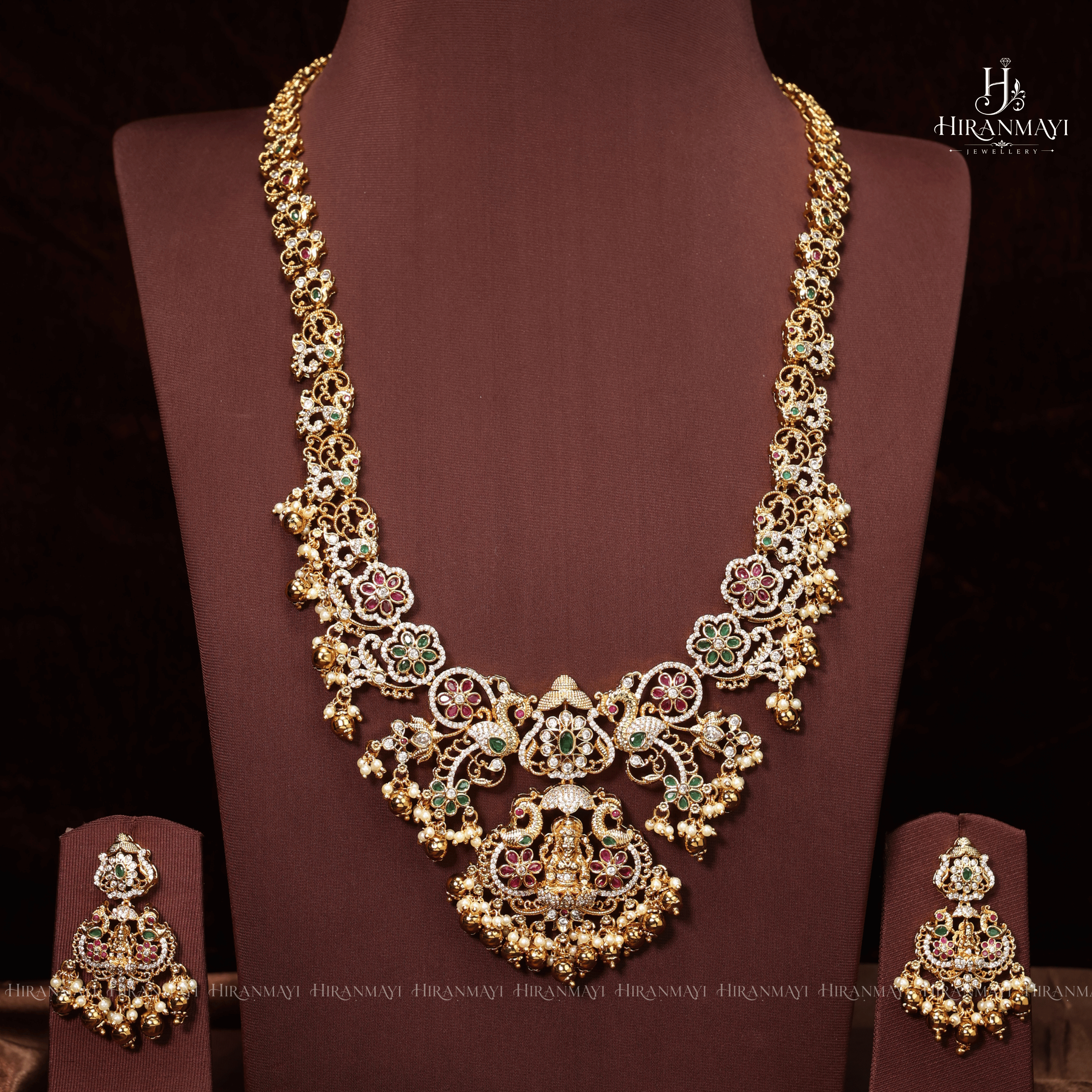 Beautiful Workmanship Crafted Lakshmi With Peacock Detailing Long Haram