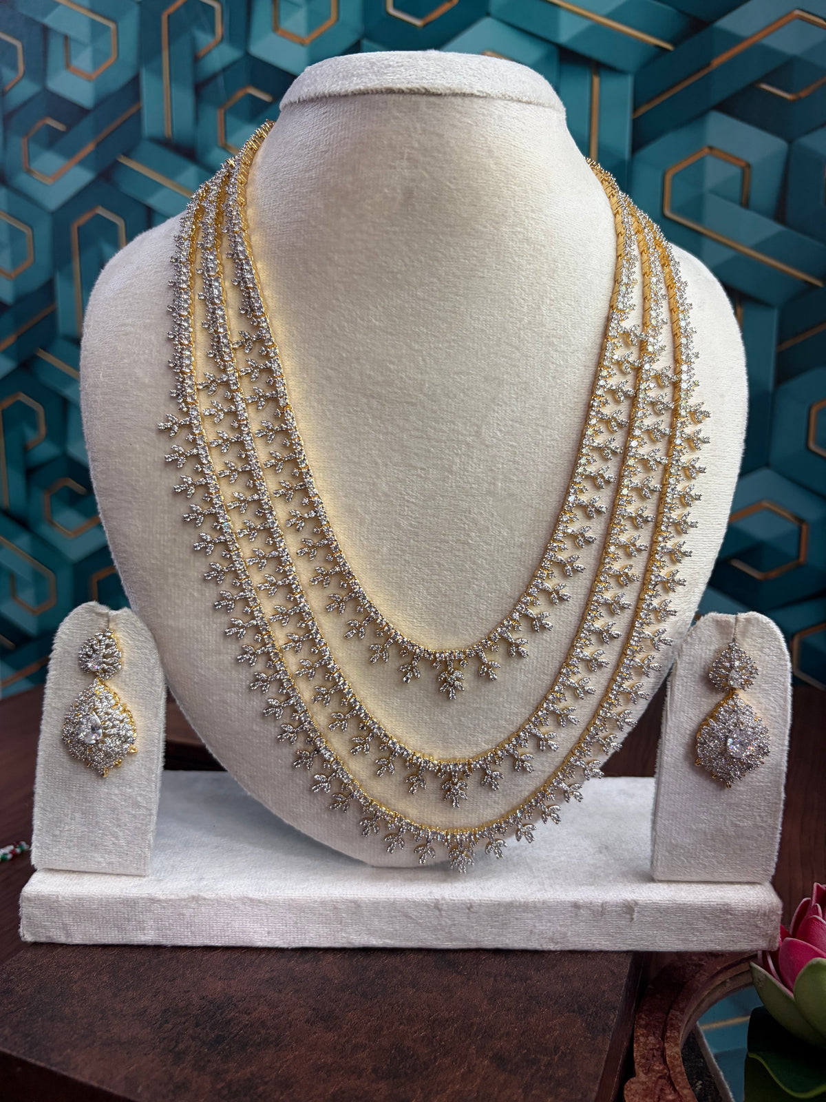 American diamond GJ POLISH 3 layer haram with earrings