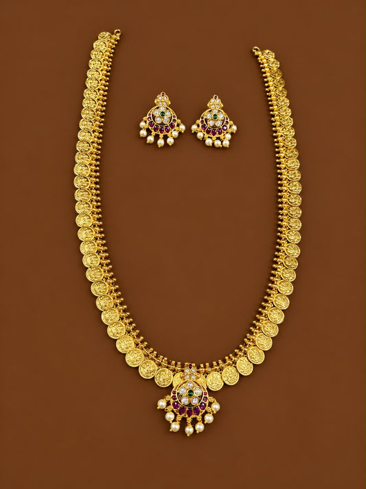 Antique kasu mala with kemp stone pendant