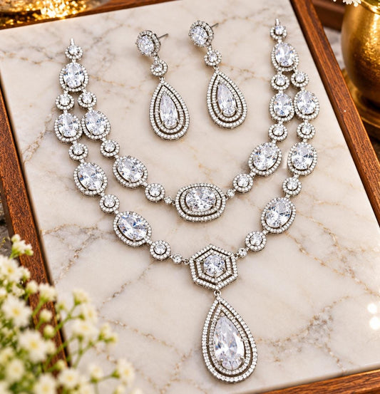 Two layers bold stone necklace with earrings