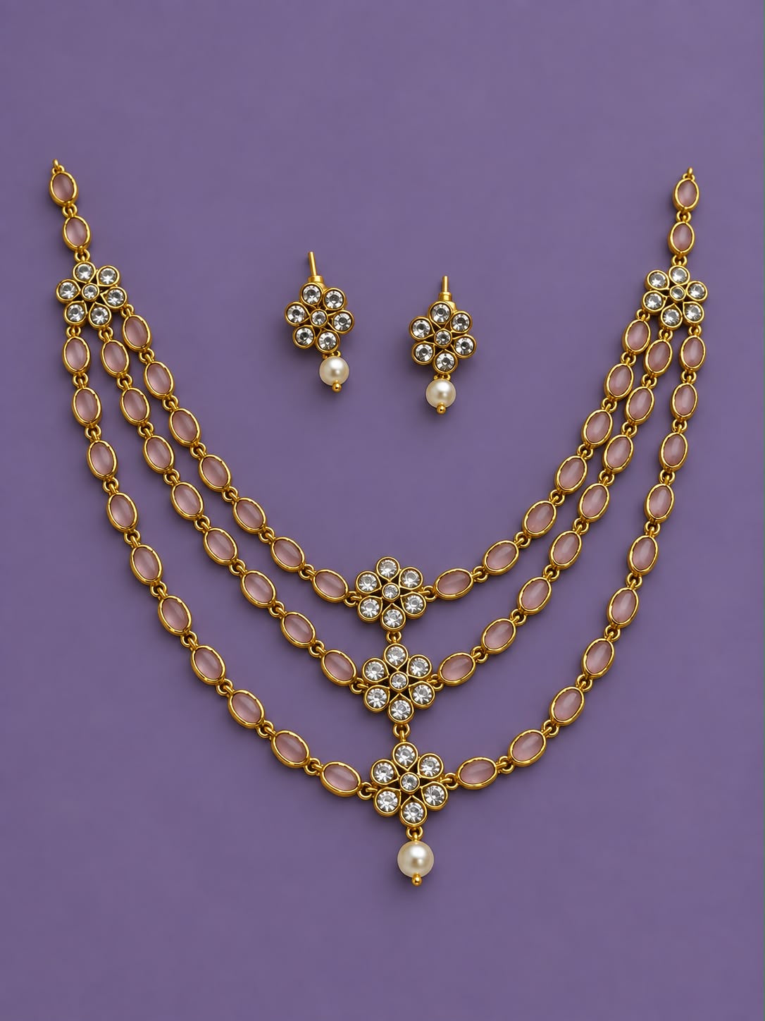 Three layer Kundan necklace with stud
