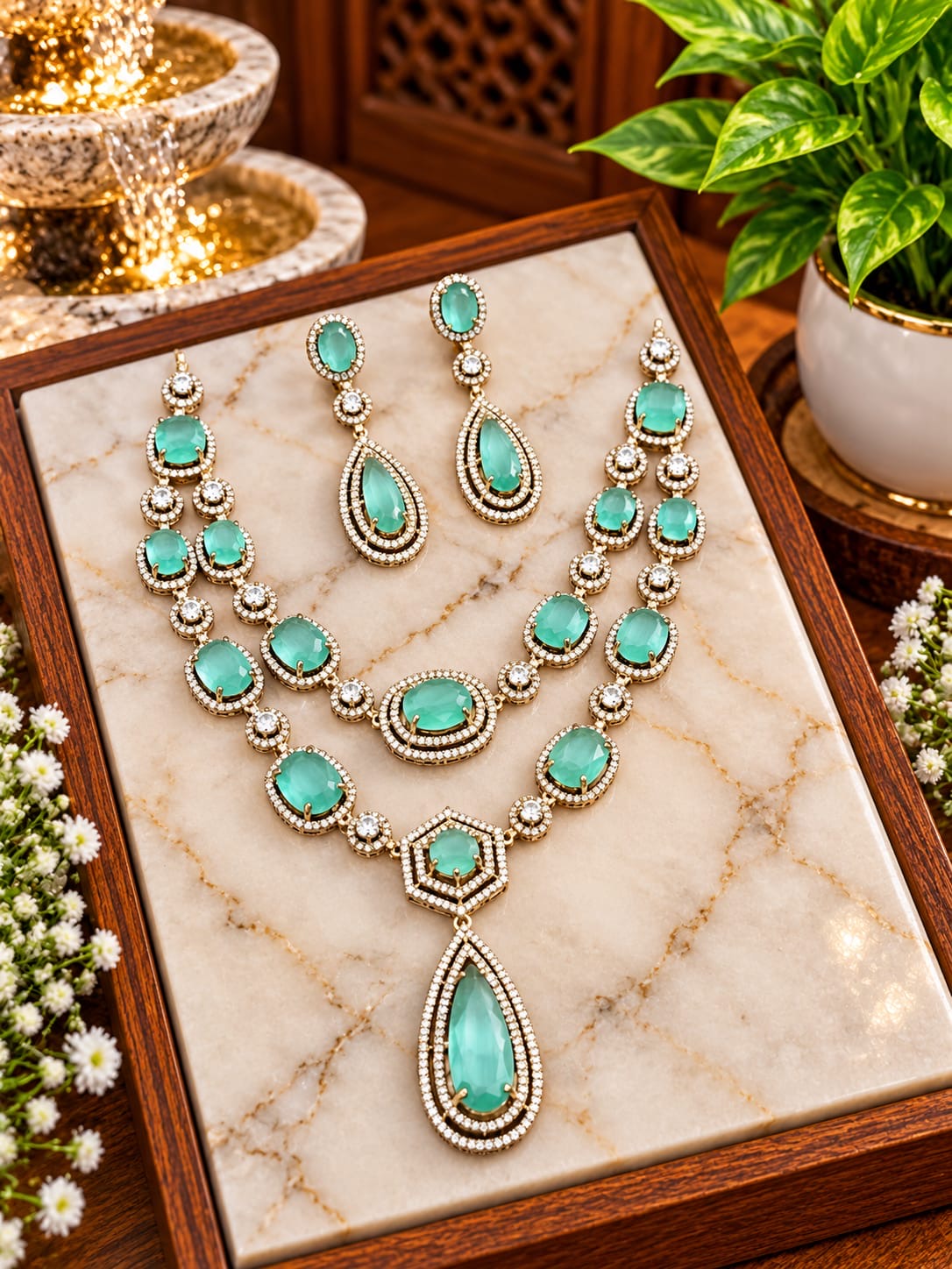 Two layers bold stone necklace with earrings