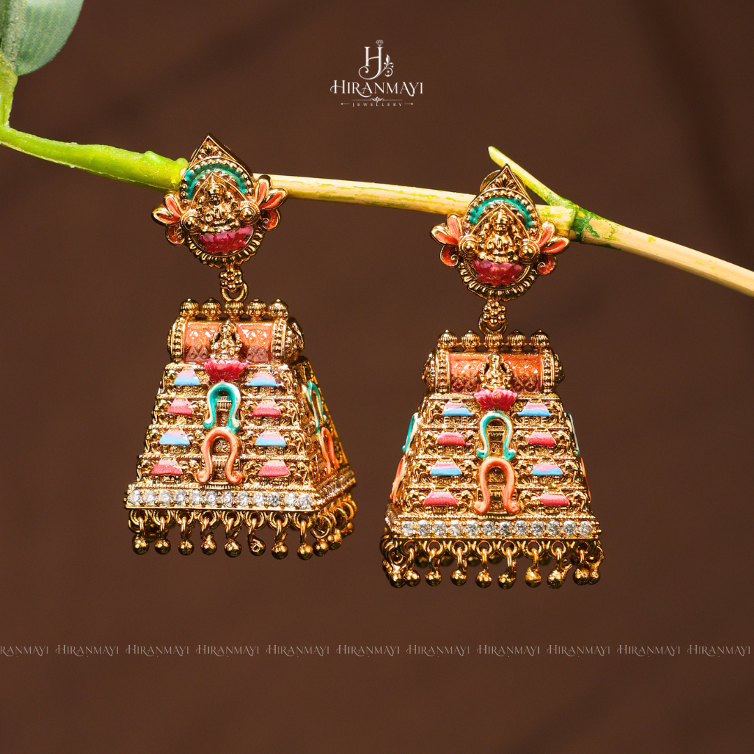 Temple gopuram design with goddess Lakshmi jumka