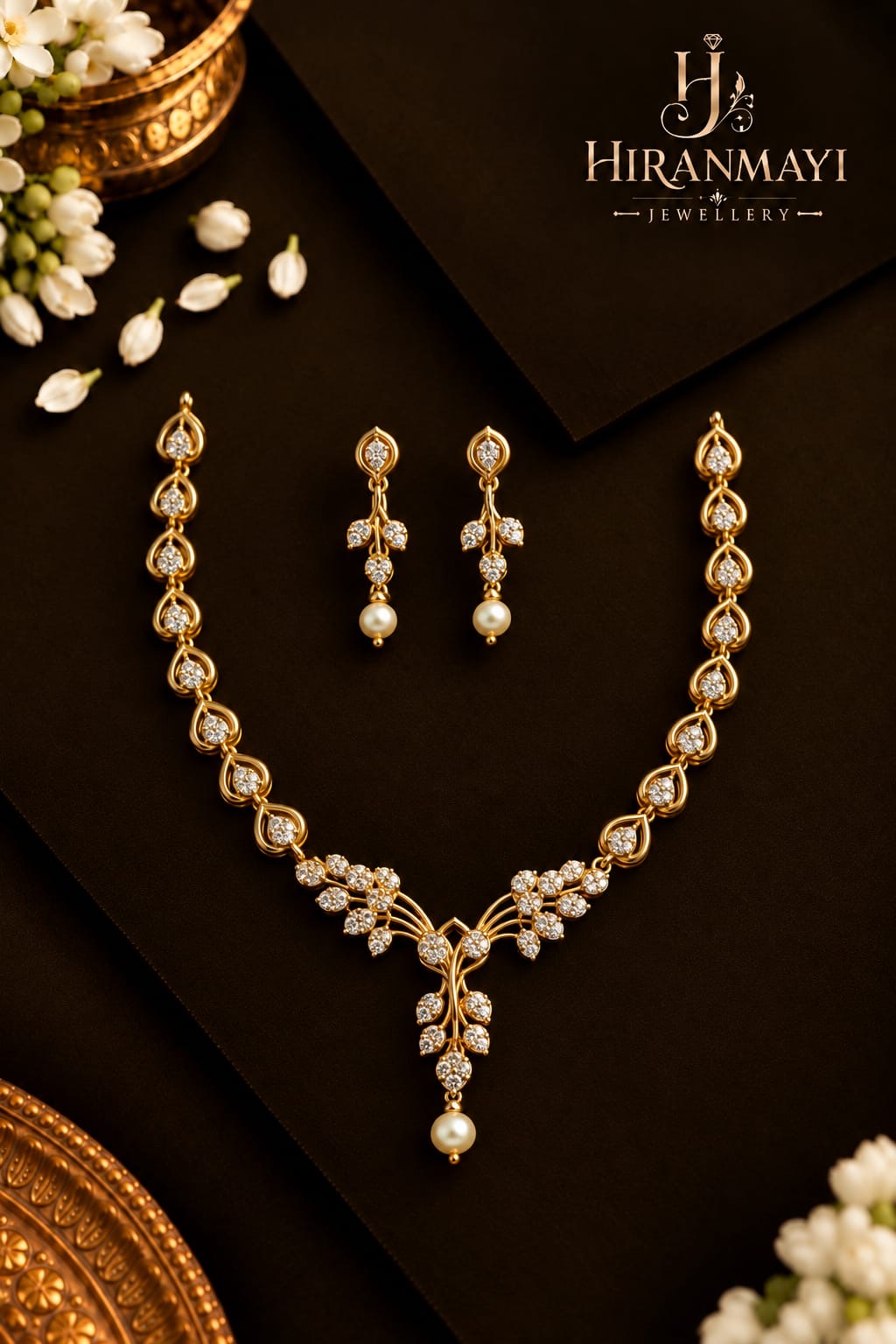 White stone min leaf pattern necklace with earrings