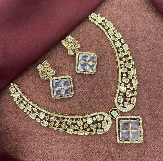 Mozonite stone uncut diamond pattern necklace with earrings