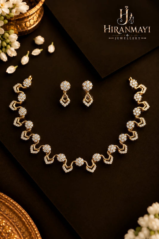 Zig zag pattern white stone necklace with earrings