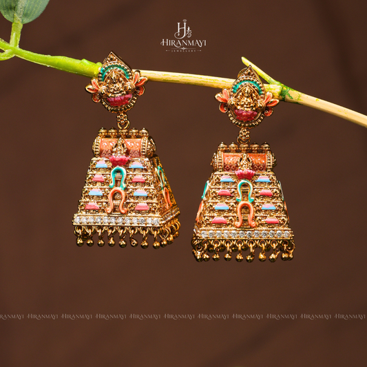 Temple gopuram design with goddess Lakshmi jumka