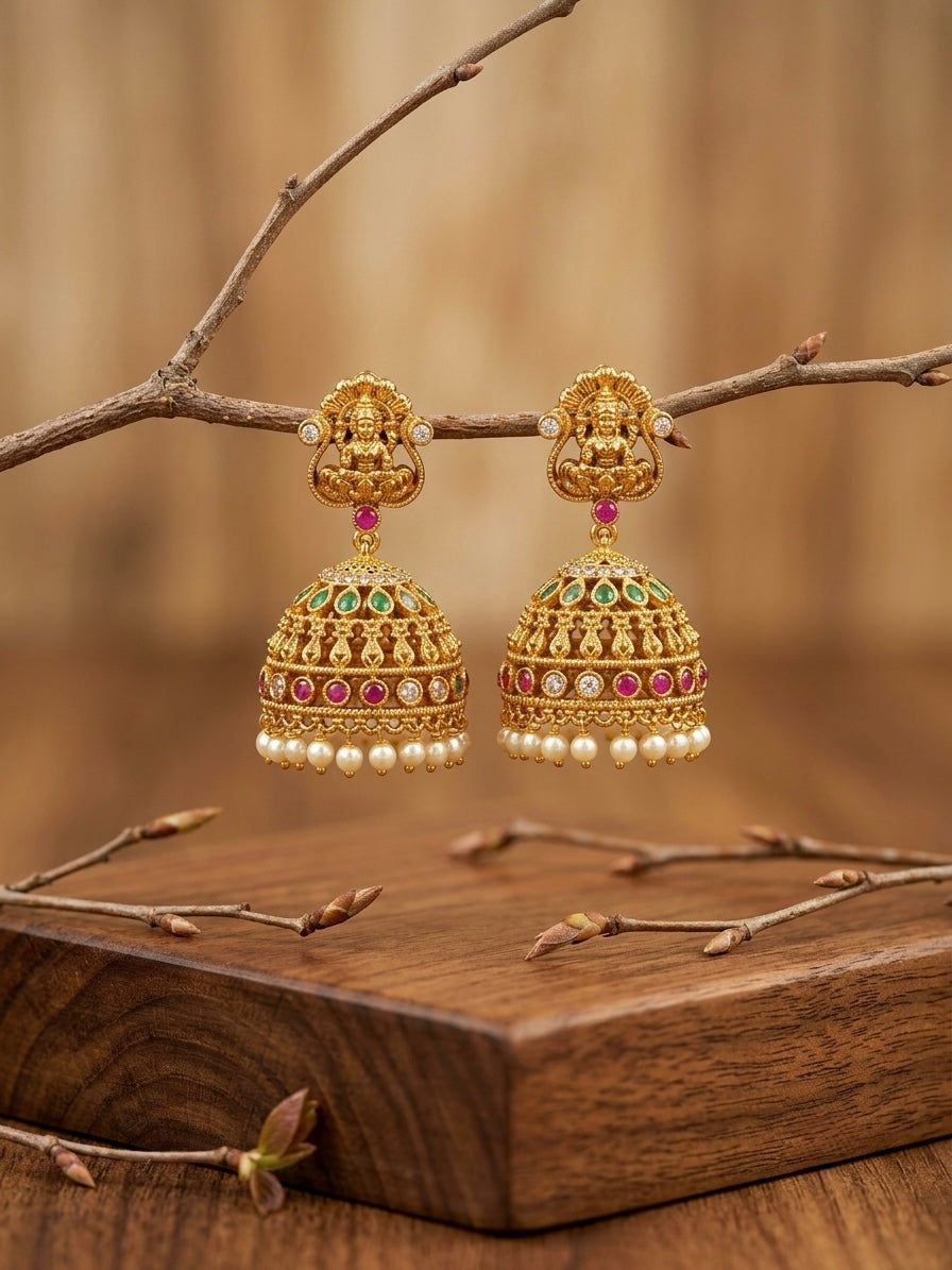 Antique Lakshmi jumka with pearl hanging