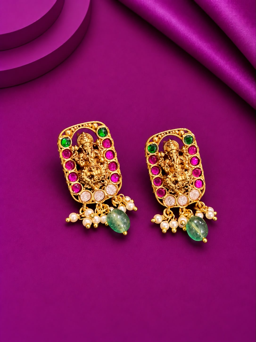 Vinayak motif antique stud with green beads hanging