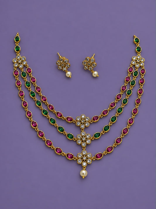 Three layer Kundan necklace with stud